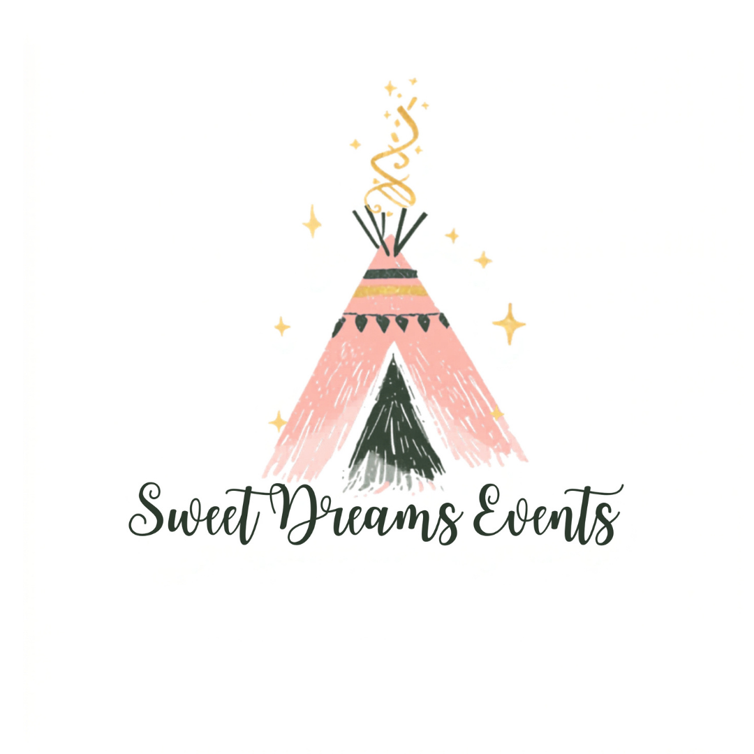 Logo for 'Sweet Dreams Events' featuring a stylised pink teepee with a green tree and decorative elements.